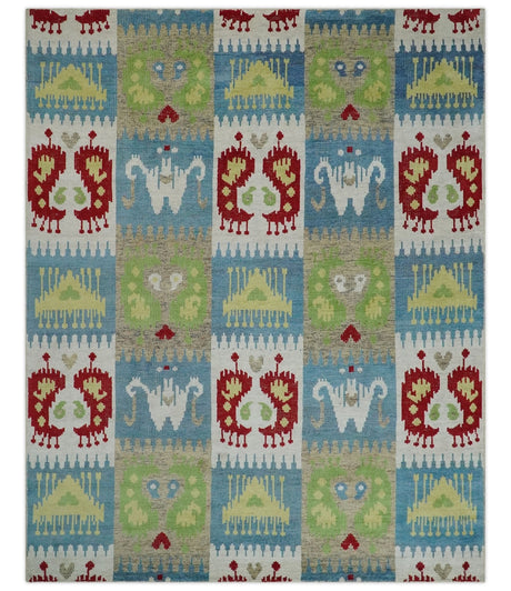 8x10 Hand Knotted White, Blue and Rust Modern Tribal Style Contemporary Recycled Silk Area Rug | OP45