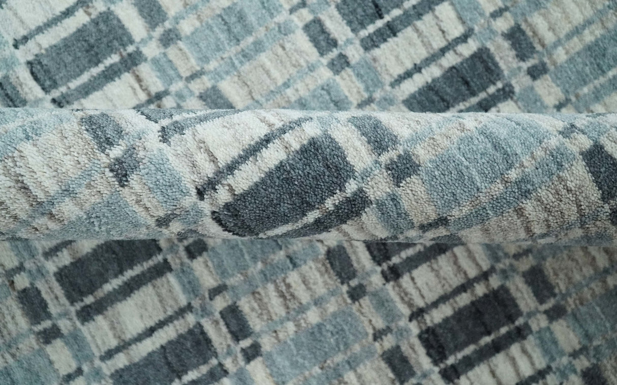 8x10 Hand Made Checkered Beige, Blue and Charcoal Scandinavian Blended Wool Flatwoven Area Rug | KE30