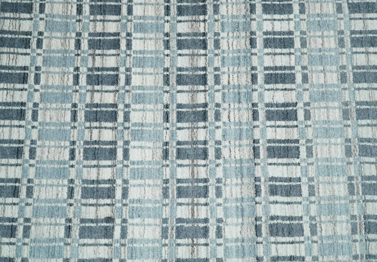 8x10 Hand Made Checkered Beige, Blue and Charcoal Scandinavian Blended Wool Flatwoven Area Rug | KE30