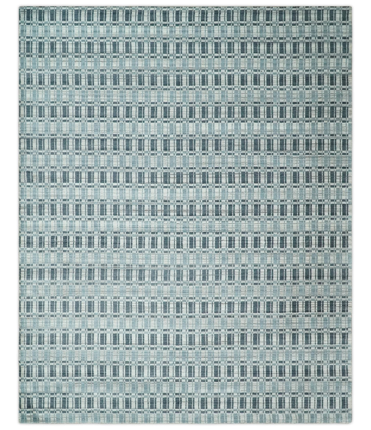 8x10 Hand Made Checkered Beige, Blue and Charcoal Scandinavian Blended Wool Flatwoven Area Rug | KE30