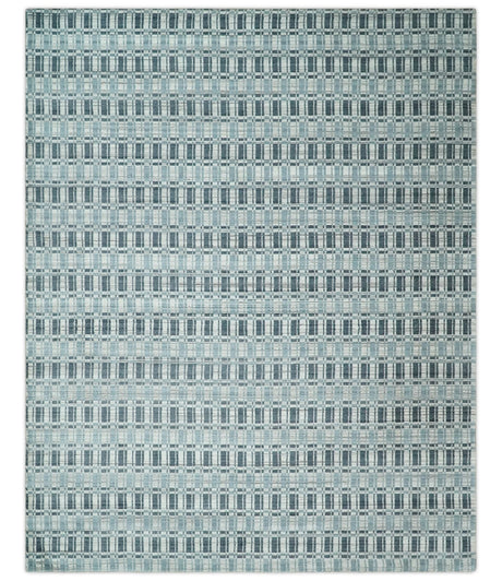 8x10 Hand Made Checkered Beige, Blue and Charcoal Scandinavian Blended Wool Flatwoven Area Rug | KE30