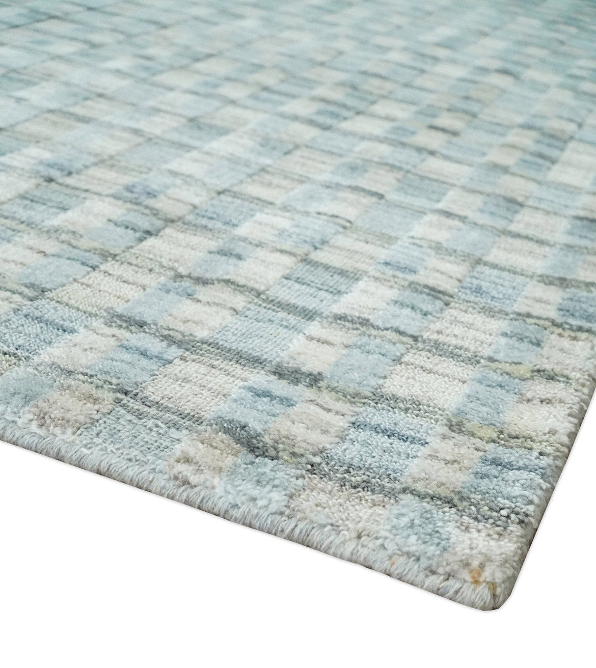 8x10 Hand Made Checkered Blue, Ivory and Brown Scandinavian Blended Wool Flatwoven Area Rug | KE40