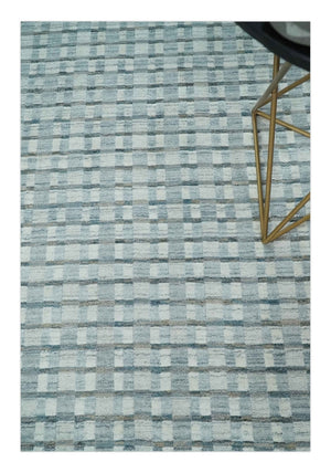 8x10 Hand Made Checkered Ivory, Teal and Gray Scandinavian Blended Wool Flatwoven Area Rug | KE18