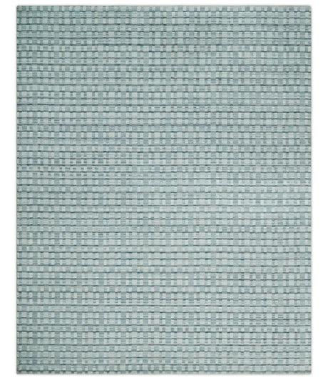 8x10 Hand Made Checkered Ivory, Teal and Gray Scandinavian Blended Wool Flatwoven Area Rug | KE18