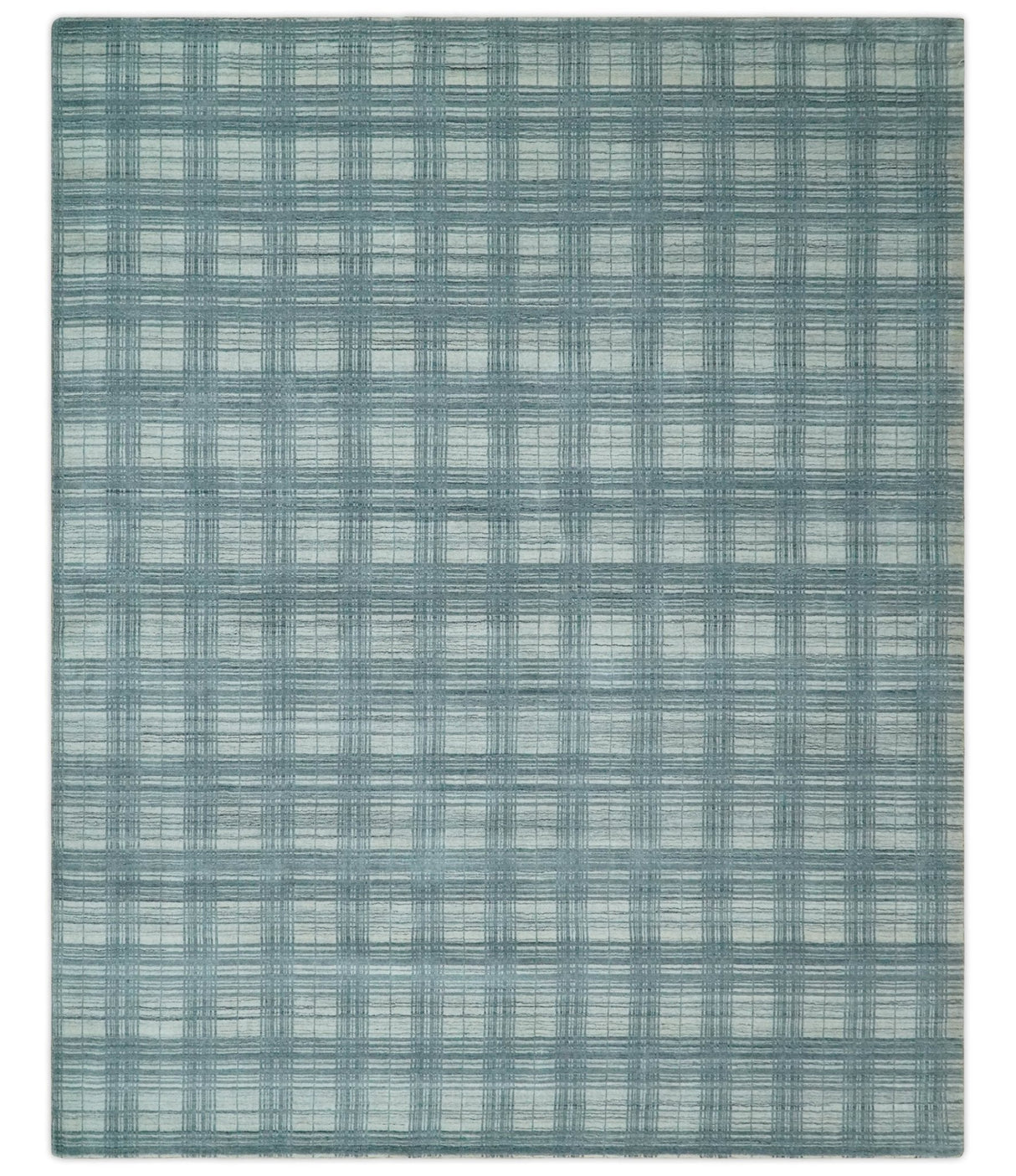 8x10 Hand Made Checkered Ivory and Blue Scandinavian Blended Wool Flatwoven Area Rug | KE21