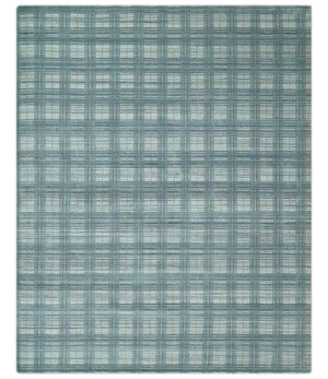 8x10 Hand Made Checkered Ivory and Blue Scandinavian Blended Wool Flatwoven Area Rug | KE21