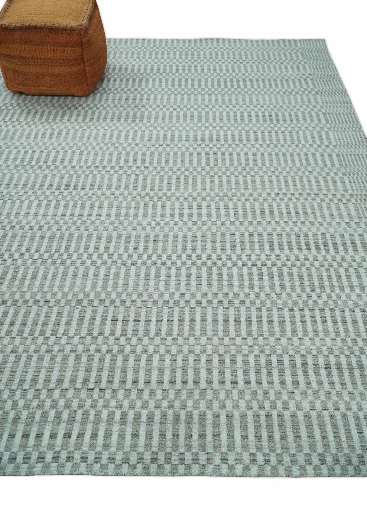 8x10 Hand Made Modern Trellis Ivory and Brown Scandinavian Blended Wool Flatwoven Area Rug | KE7