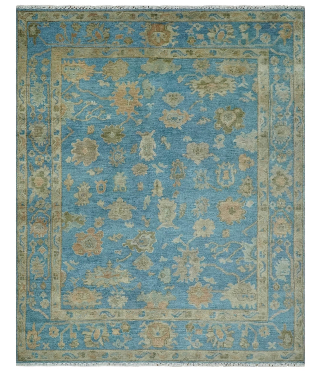 8x10 Hand knotted Blue and Beige Traditional Oushak Wool Area Rug