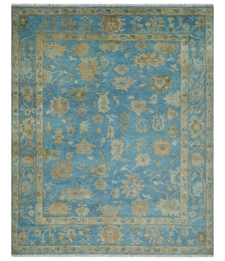 8x10 Hand knotted Blue and Beige Traditional Oushak Wool Area Rug