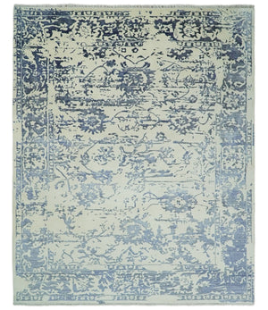 8x10 Hand knotted Ivory and Blue Modern Abstract Wool and Bamboo Silk Area Rug | TRDCP489810