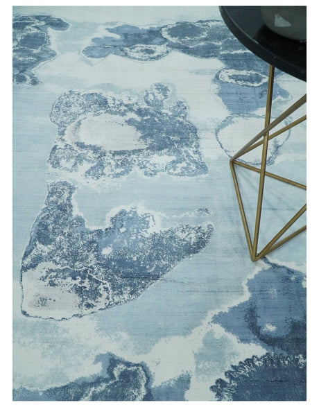 8x10 Ivory, Aqua and Blue Modern Abstract Hand Tufted Wool and Art Silk Area Rug