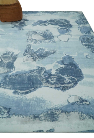 8x10 Ivory, Aqua and Blue Modern Abstract Hand Tufted Wool and Art Silk Area Rug