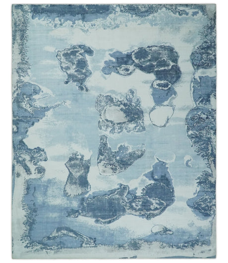 8x10 Ivory, Aqua and Blue Modern Abstract Hand Tufted Wool and Art Silk Area Rug