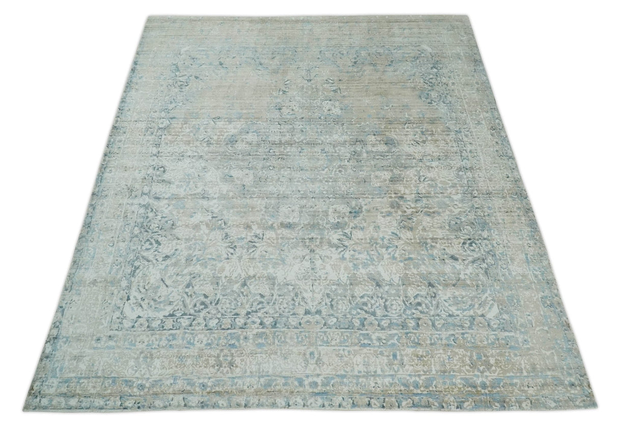 8x10 Ivory, Beige and Blue Traditional Hand Knotted Art Silk Area Rug