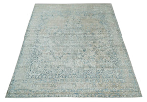 8x10 Ivory, Beige and Blue Traditional Hand Knotted Art Silk Area Rug