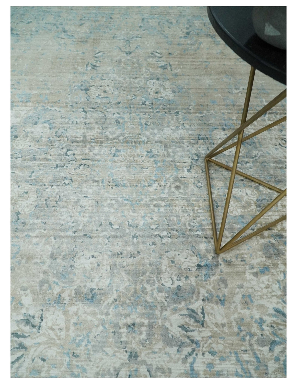 8x10 Ivory, Beige and Blue Traditional Hand Knotted Art Silk Area Rug