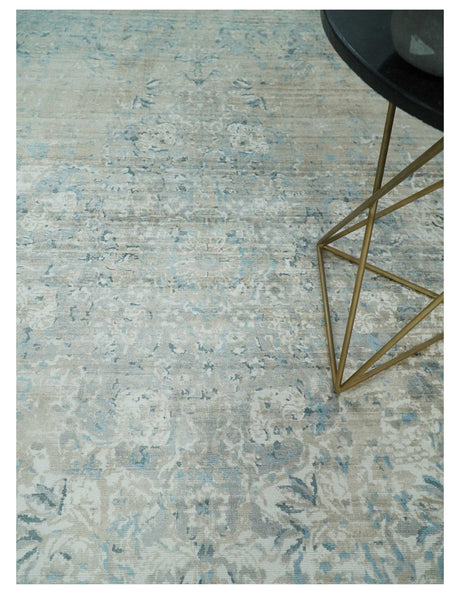 8x10 Ivory, Beige and Blue Traditional Hand Knotted Art Silk Area Rug
