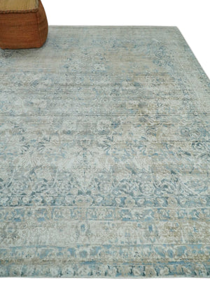 8x10 Ivory, Beige and Blue Traditional Hand Knotted Art Silk Area Rug