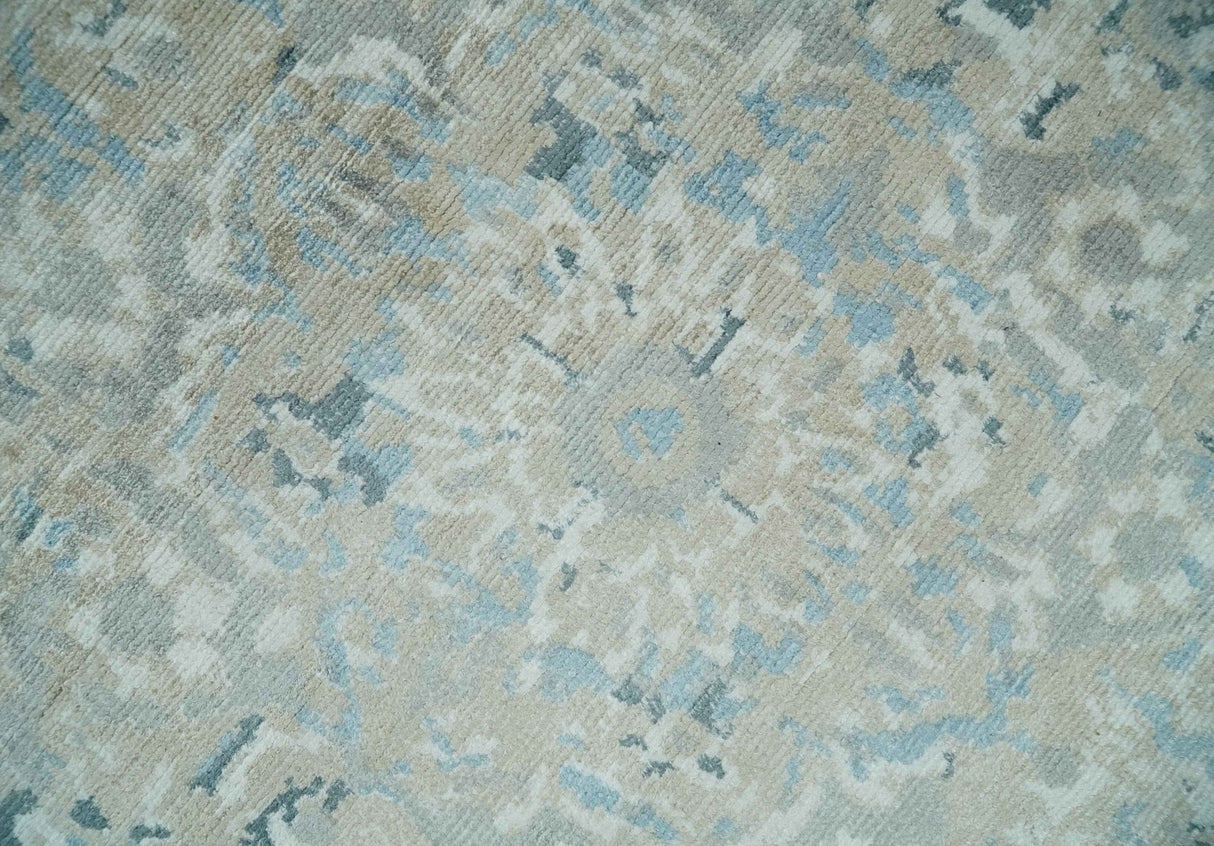 8x10 Ivory, Beige and Blue Traditional Hand Knotted Art Silk Area Rug