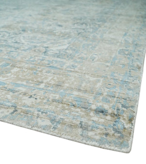 8x10 Ivory, Beige and Blue Traditional Hand Knotted Art Silk Area Rug