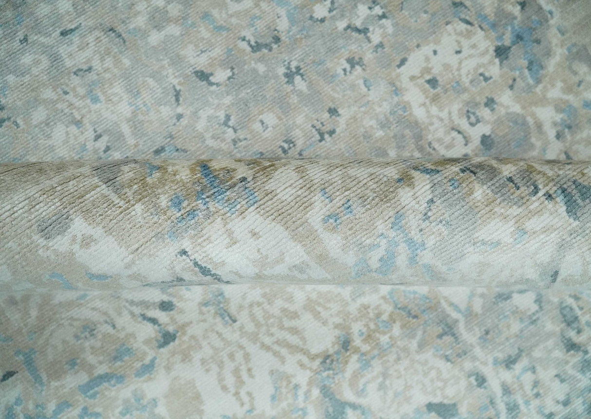 8x10 Ivory, Beige and Blue Traditional Hand Knotted Art Silk Area Rug