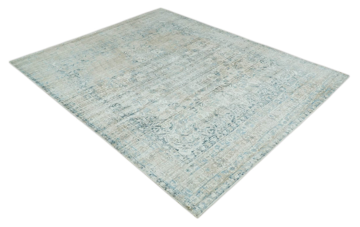 8x10 Ivory, Beige and Blue Traditional Hand Knotted Art Silk Area Rug