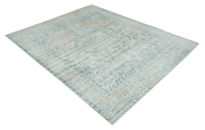 8x10 Ivory, Beige and Blue Traditional Hand Knotted Art Silk Area Rug