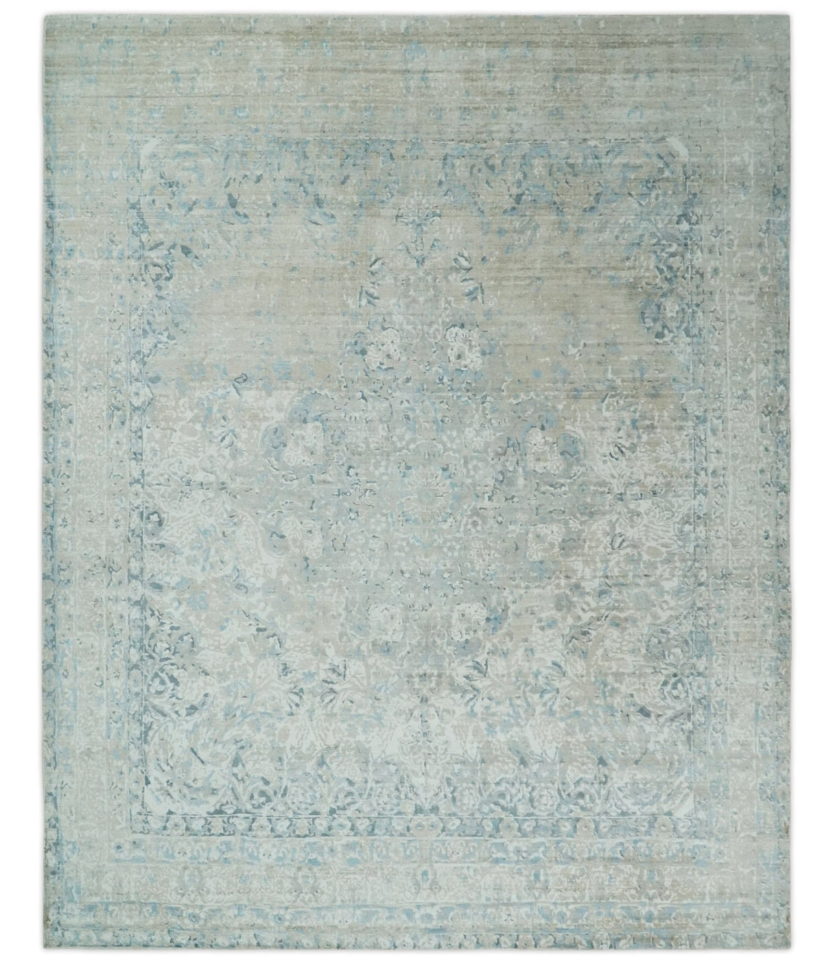 8x10 Ivory, Beige and Blue Traditional Hand Knotted Art Silk Area Rug