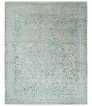 8x10 Ivory, Beige and Blue Traditional Hand Knotted Art Silk Area Rug