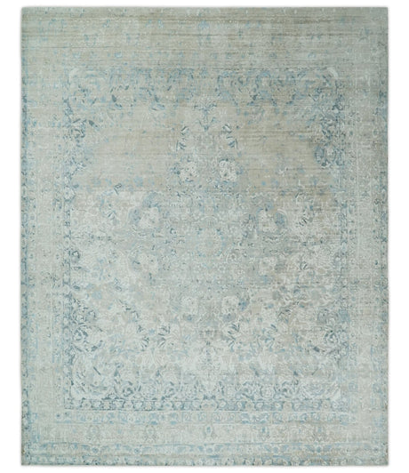 8x10 Ivory, Beige and Blue Traditional Hand Knotted Art Silk Area Rug