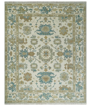 8x10 Ivory, Beige and Teal Hand Knotted Traditional Oushak Wool Area Rug | TRDCP1165810