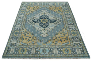 8x10 Ivory, Blue and Beige Heriz Serapi Traditional Persian Antique Hand Knotted Wool Area Rug | TRDCP1117810