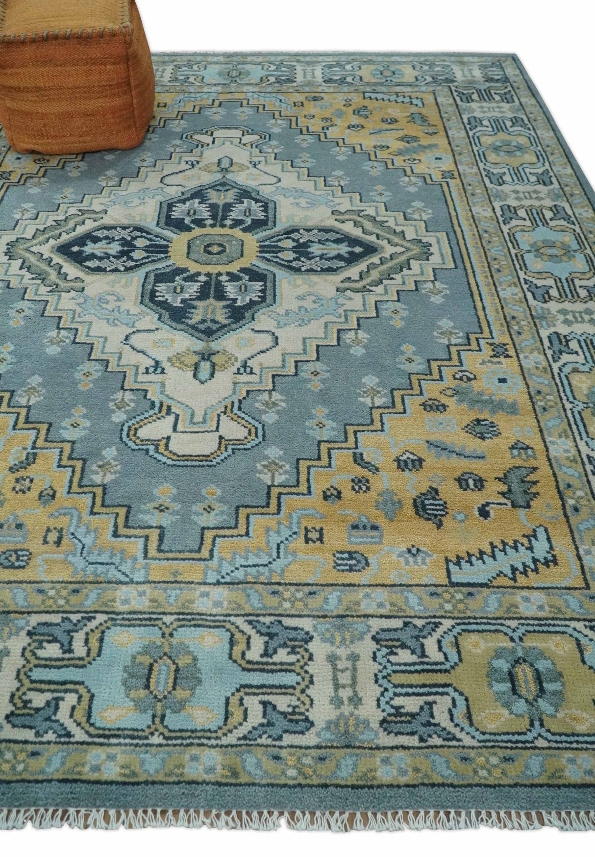 8x10 Ivory, Blue and Beige Heriz Serapi Traditional Persian Antique Hand Knotted Wool Area Rug | TRDCP1117810