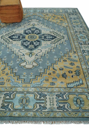 8x10 Ivory, Blue and Beige Heriz Serapi Traditional Persian Antique Hand Knotted Wool Area Rug | TRDCP1117810
