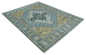 8x10 Ivory, Blue and Beige Heriz Serapi Traditional Persian Antique Hand Knotted Wool Area Rug | TRDCP1117810
