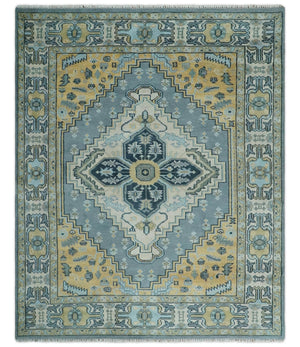 8x10 Ivory, Blue and Beige Heriz Serapi Traditional Persian Antique Hand Knotted Wool Area Rug | TRDCP1117810