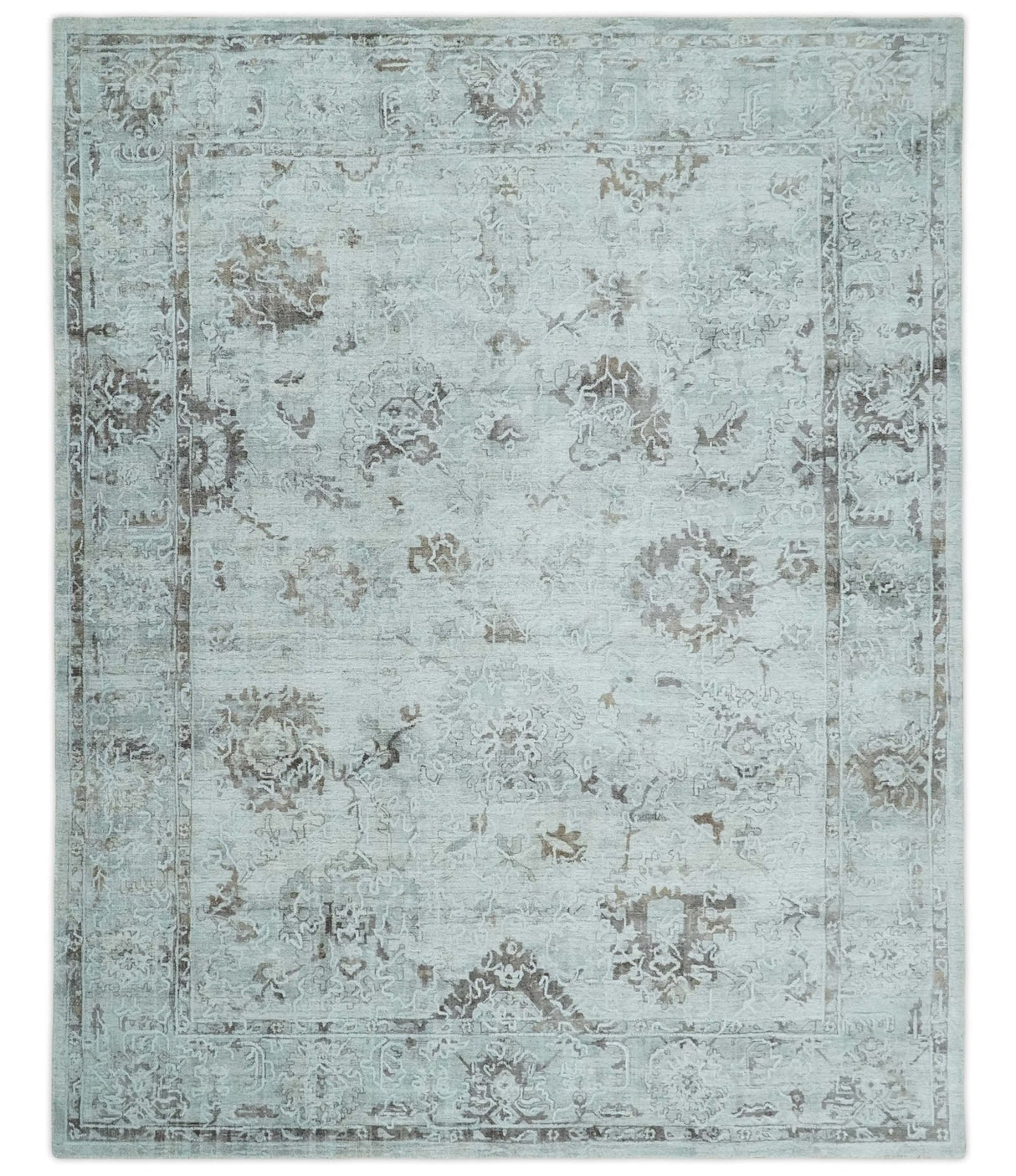8x10 Ivory, Brown and Gray Modern Oushak Handmade Art Silk Area Rug
