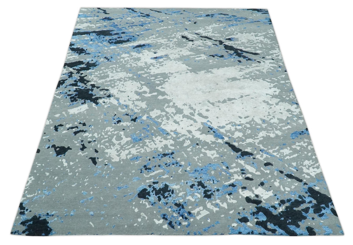 8x10 Ivory, Gray, Blue and Black Modern Abstract Hand Knotted Wool and Bamboo Silk Area Rug