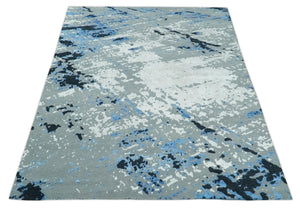 8x10 Ivory, Gray, Blue and Black Modern Abstract Hand Knotted Wool and Bamboo Silk Area Rug