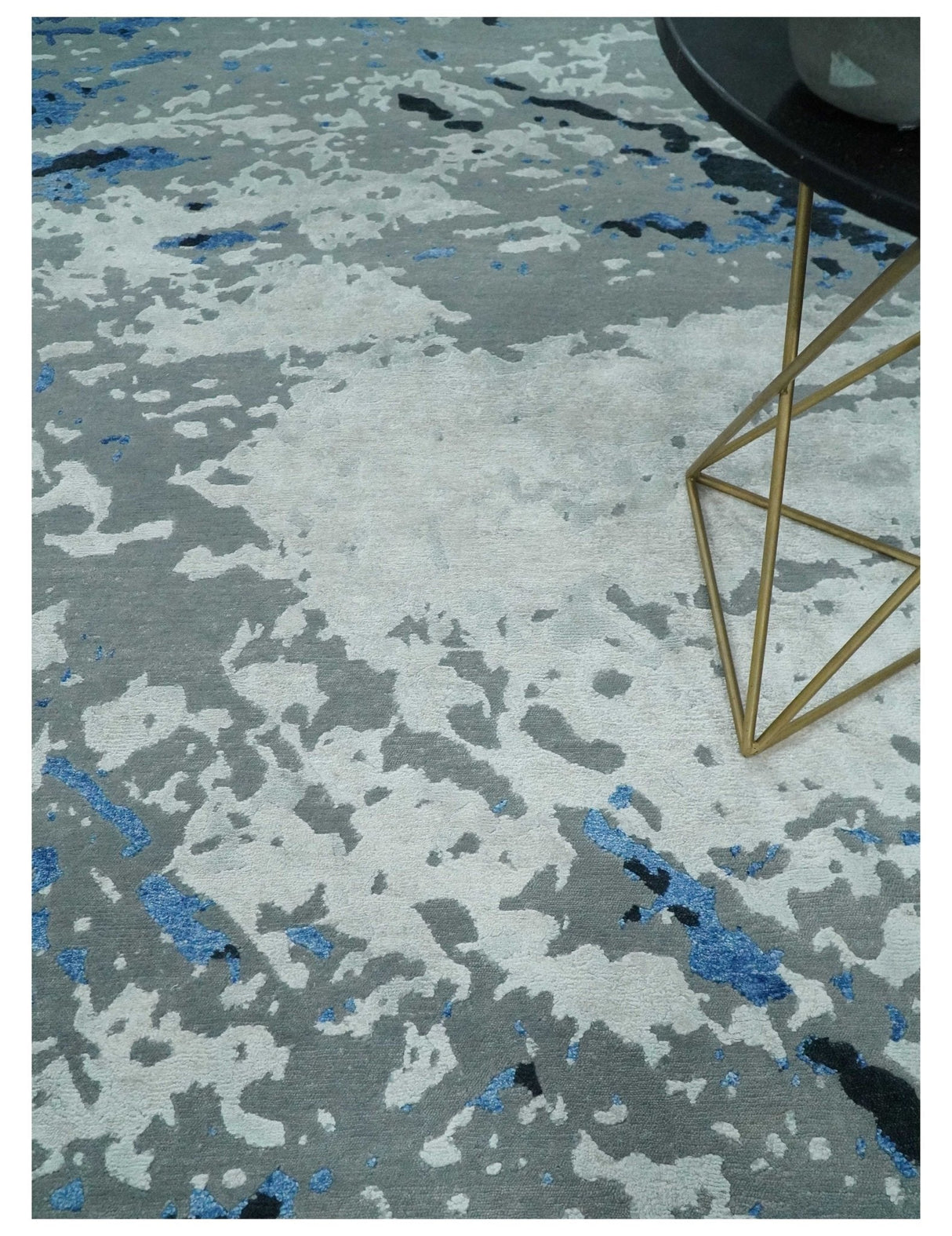 8x10 Ivory, Gray, Blue and Black Modern Abstract Hand Knotted Wool and Bamboo Silk Area Rug