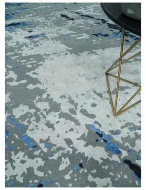 8x10 Ivory, Gray, Blue and Black Modern Abstract Hand Knotted Wool and Bamboo Silk Area Rug