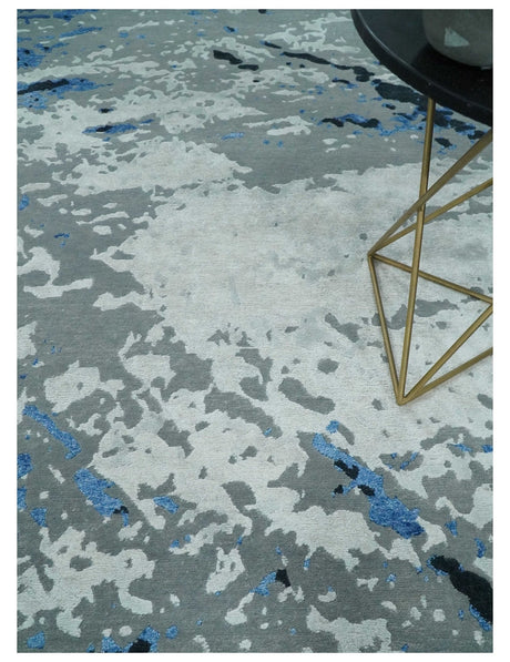 8x10 Ivory, Gray, Blue and Black Modern Abstract Hand Knotted Wool and Bamboo Silk Area Rug