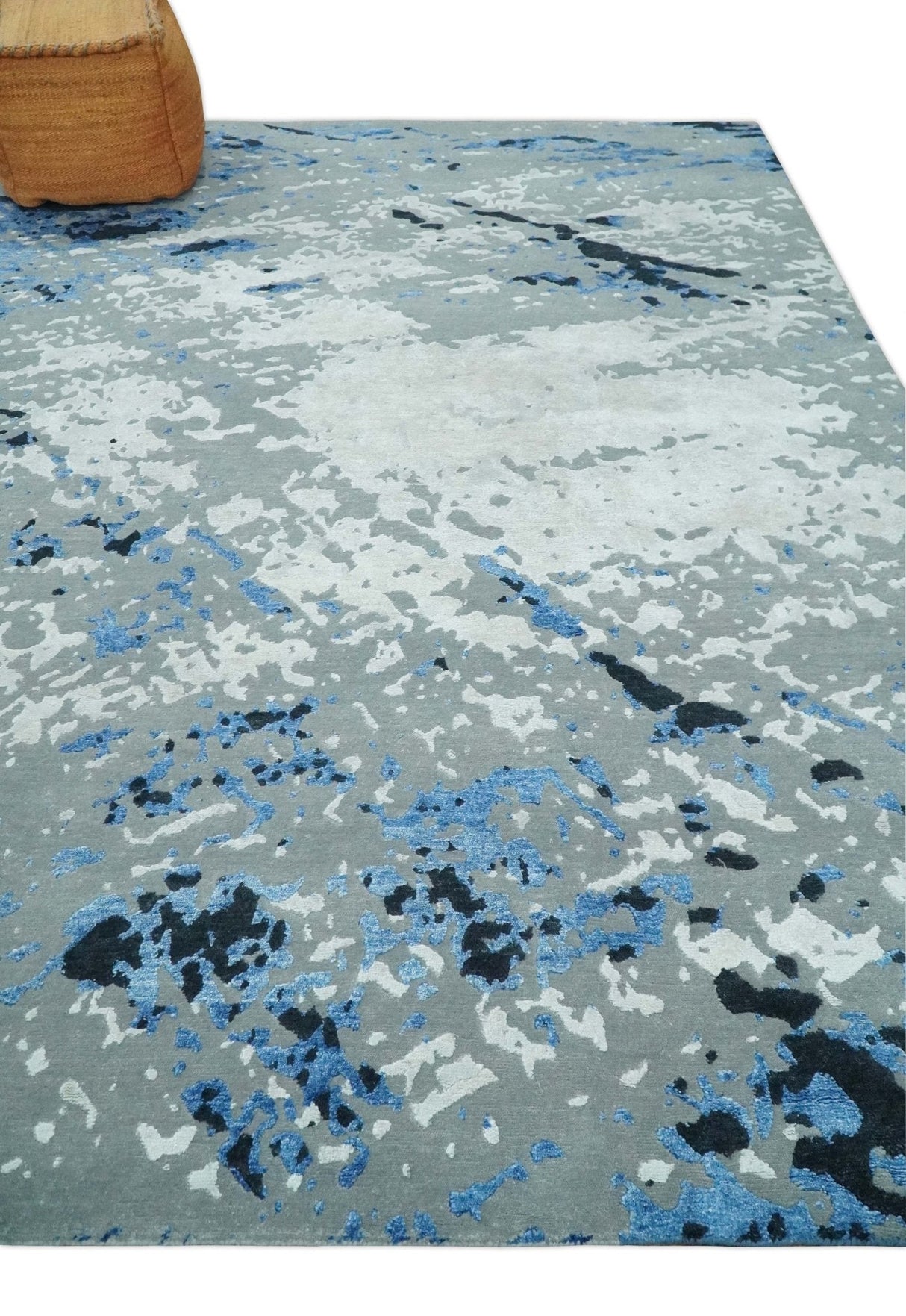 8x10 Ivory, Gray, Blue and Black Modern Abstract Hand Knotted Wool and Bamboo Silk Area Rug