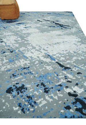 8x10 Ivory, Gray, Blue and Black Modern Abstract Hand Knotted Wool and Bamboo Silk Area Rug