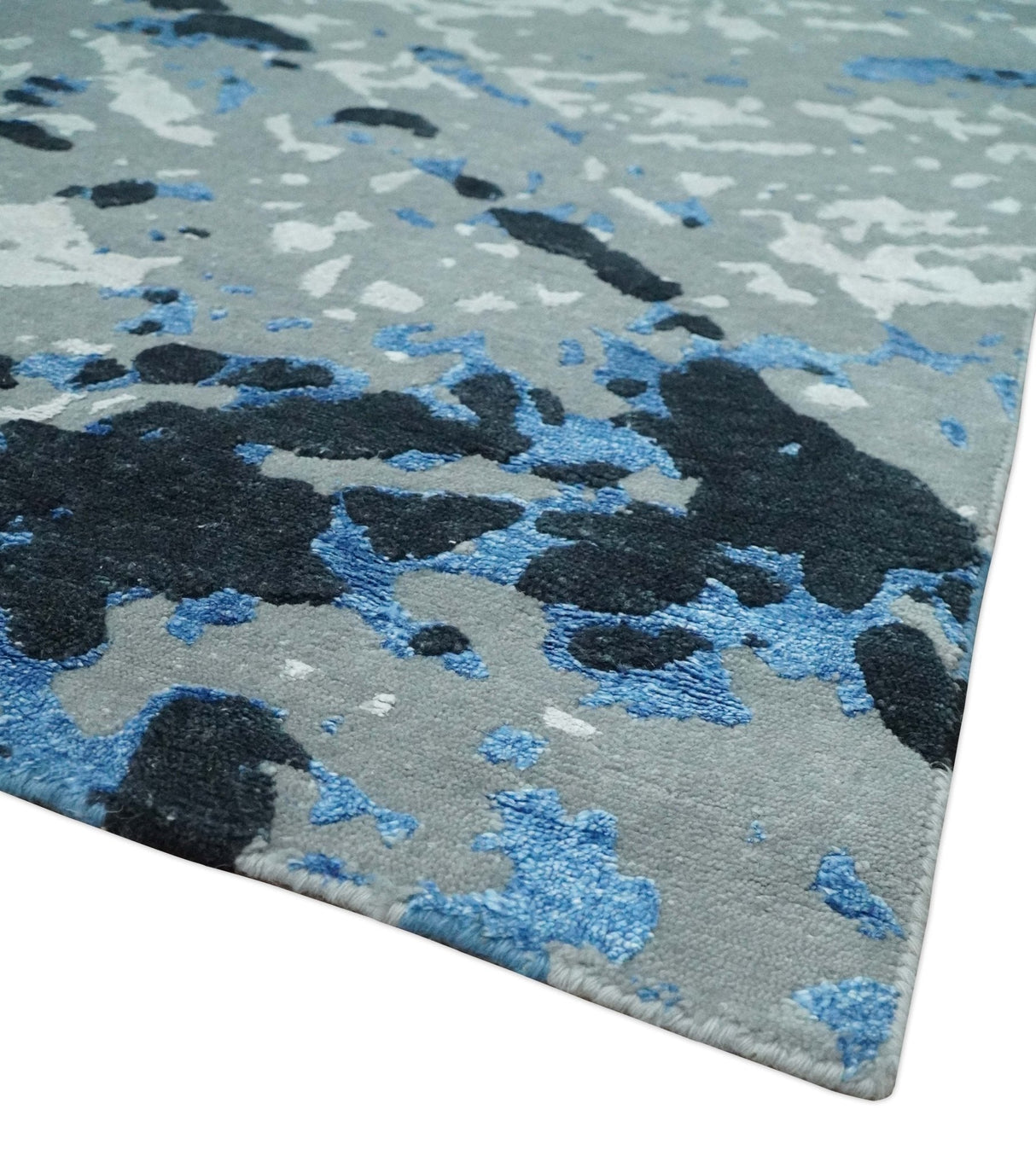 8x10 Ivory, Gray, Blue and Black Modern Abstract Hand Knotted Wool and Bamboo Silk Area Rug