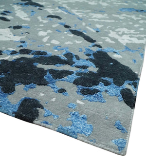 8x10 Ivory, Gray, Blue and Black Modern Abstract Hand Knotted Wool and Bamboo Silk Area Rug