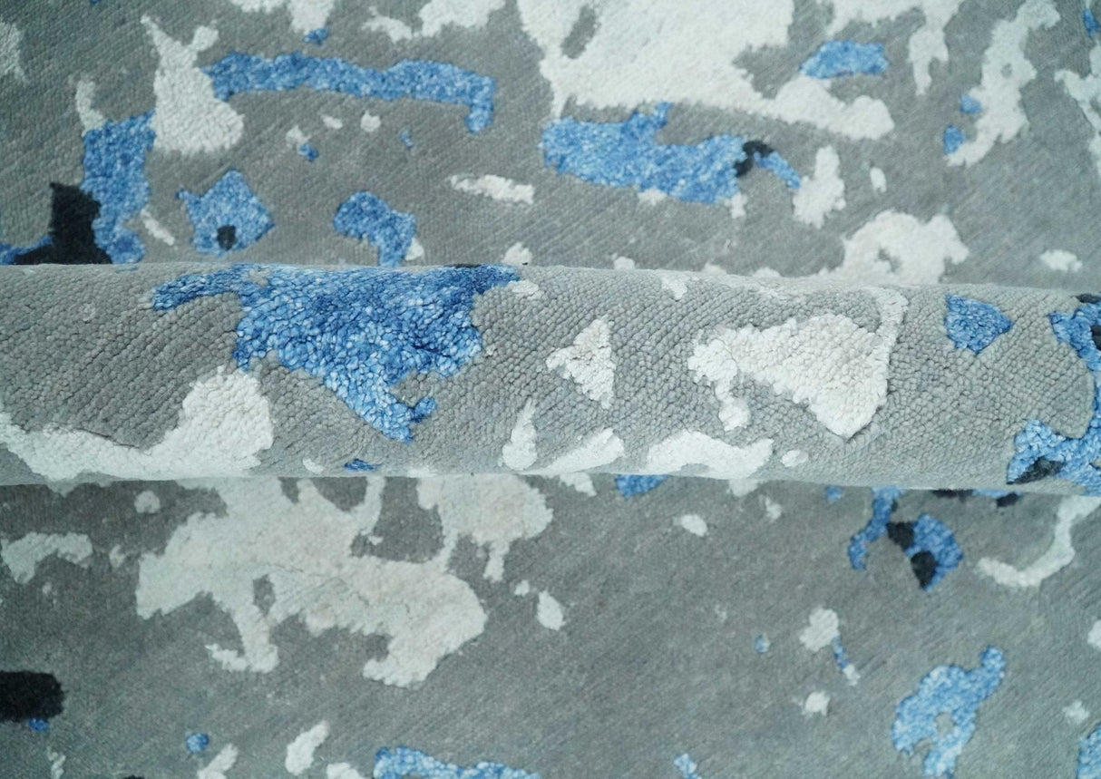 8x10 Ivory, Gray, Blue and Black Modern Abstract Hand Knotted Wool and Bamboo Silk Area Rug