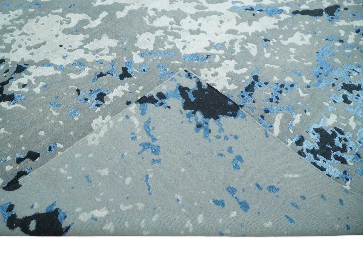 8x10 Ivory, Gray, Blue and Black Modern Abstract Hand Knotted Wool and Bamboo Silk Area Rug