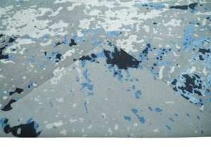 8x10 Ivory, Gray, Blue and Black Modern Abstract Hand Knotted Wool and Bamboo Silk Area Rug