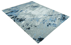 8x10 Ivory, Gray, Blue and Black Modern Abstract Hand Knotted Wool and Bamboo Silk Area Rug